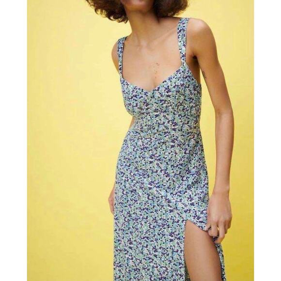Zara Blue Floral Smocked V Neck Sleeveless Cami Camisole Slit Sheath Midi Dress - Picture 4 of 13